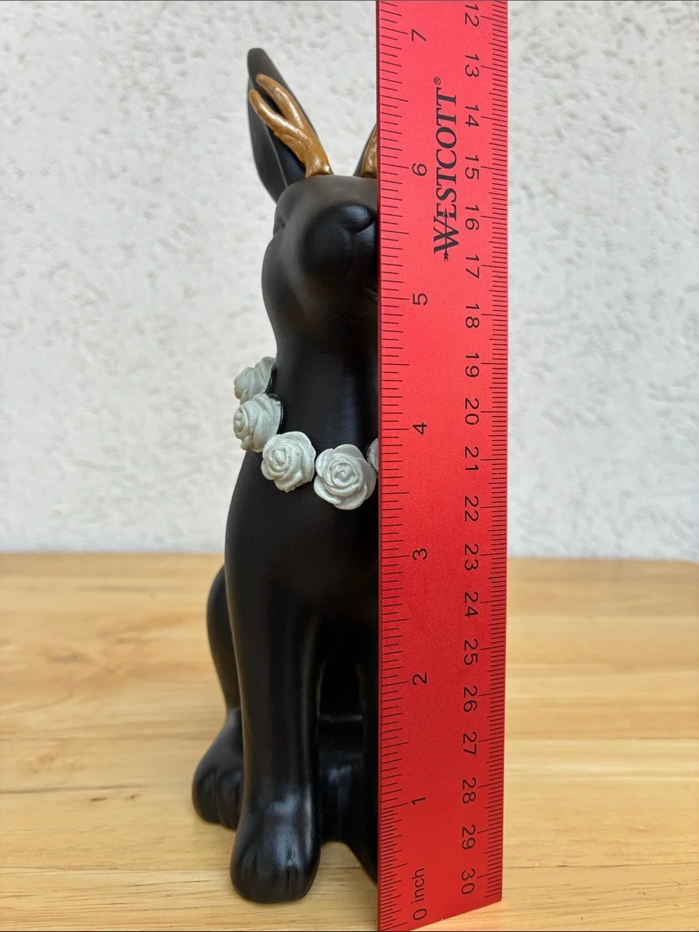 Black ceramic jackalope!  With gold horns snd grey rose necklace!  Bunmy figure